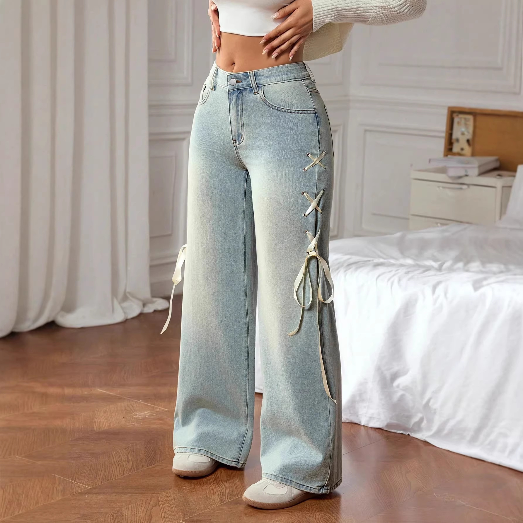 Women's Clothing Women's Peacock Blue Wide Leg Jeans - High Waist Relaxed Fit With Side Ribbon Detail​