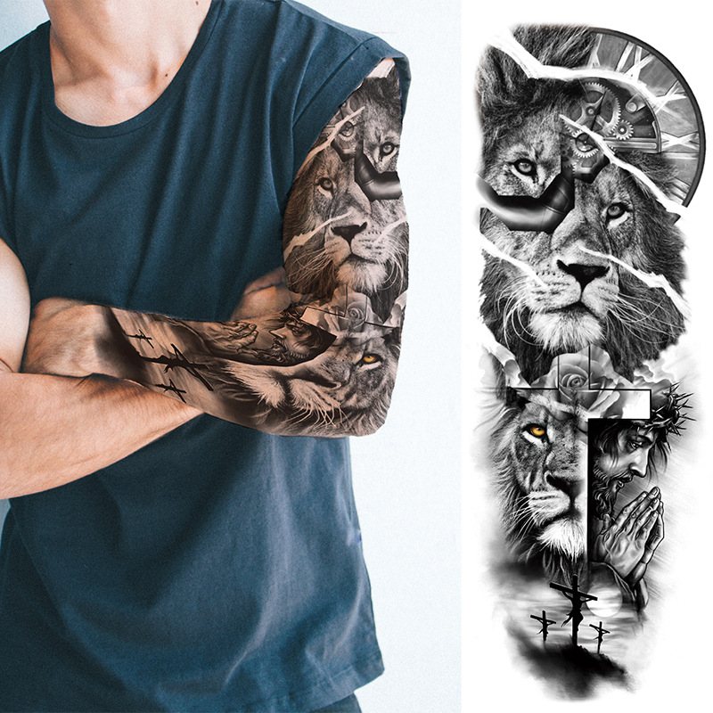 New Tiger Lion Wolf Head Animal Full Flower Arm Water Transfer Tattoo Sticker
