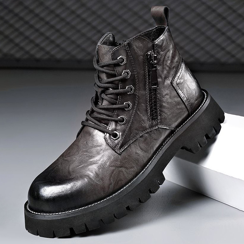 2025 New Men's High-Top Leather Boots Versatile Lace-Up Work Boots Martens Boots