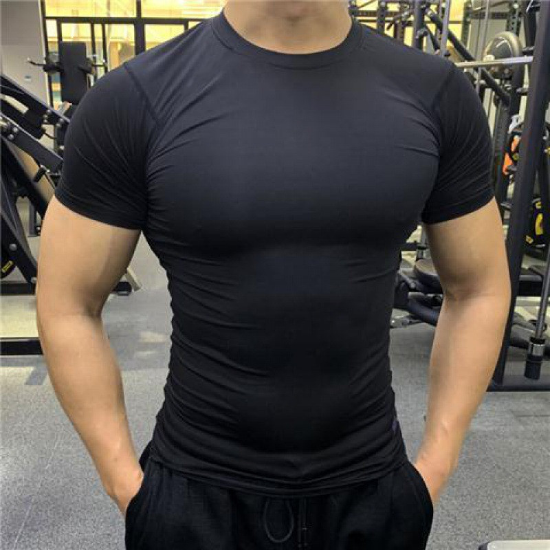 Men's Fitness Clothes Summer Sports Quick Drying Stretch Tights Short Sleeved Sweat Absorbent Training T Shirt Running Fitness Tops