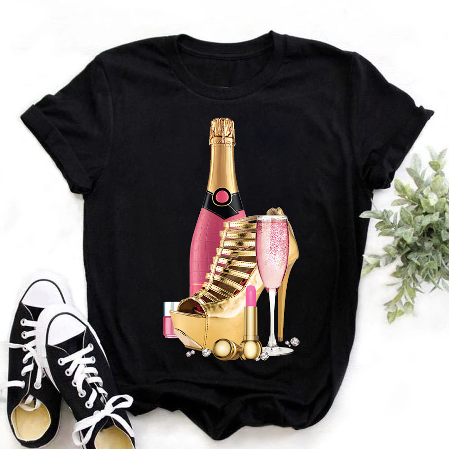Champagne high heels pattern women's top women's summer fashion short-sleeved round neck women's T-shirt525
