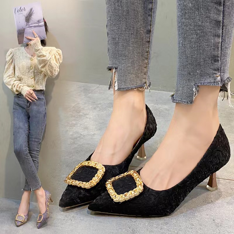 Square button high heels for women thin black work shoes with pointed toes