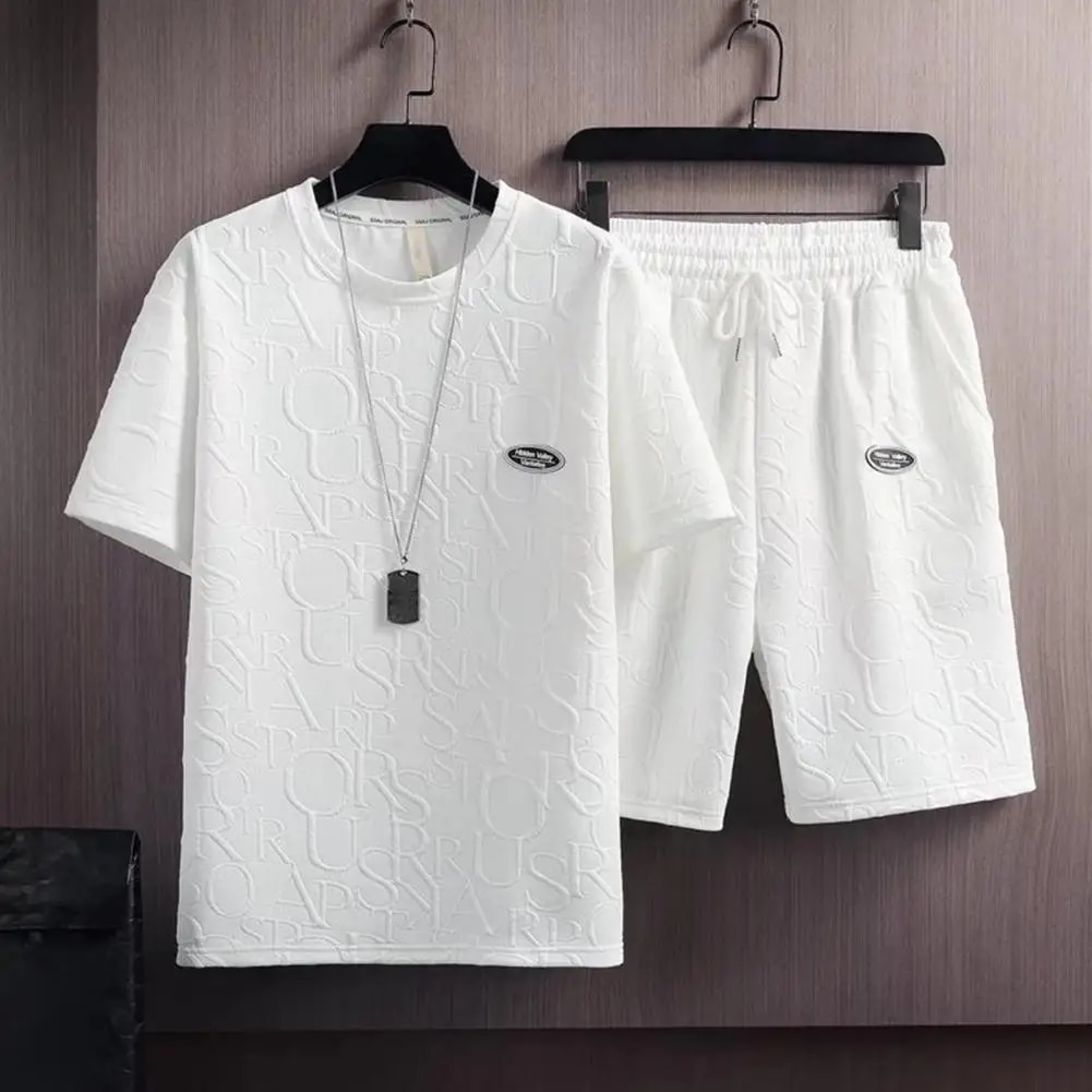 Summer Tshirt Shorts 2 Pieces Set Vintage Streetwear Sleeves Loose Letter Applique Drawstring Men Sets Short Outfits