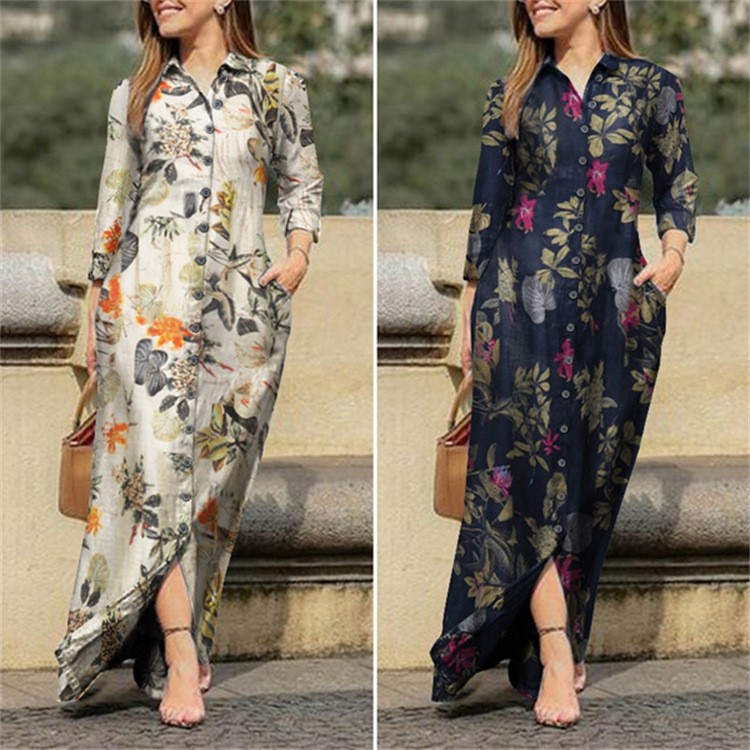 Women's Clothing Women's Holiday Casual Lapel Long Sleeve Robe Long Floral Print Cotton Dress Button Shirt Long
