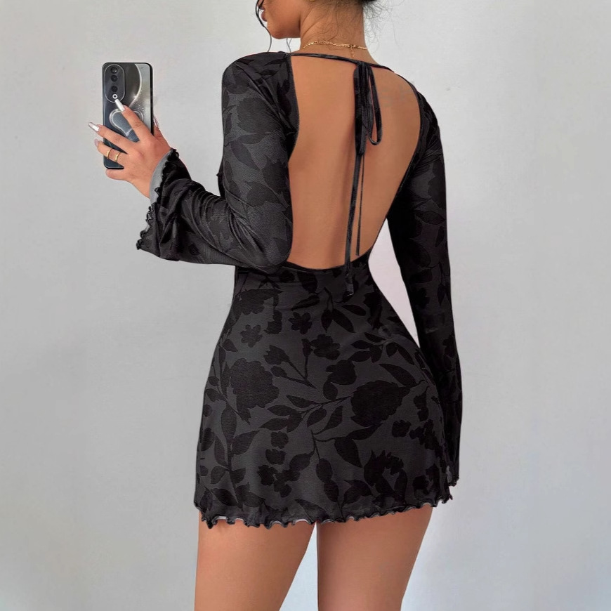Women's Clothing Sexy Fashion New Printed Backless Dress Temperament Elegant Trumpet Sleeve Short Skirt