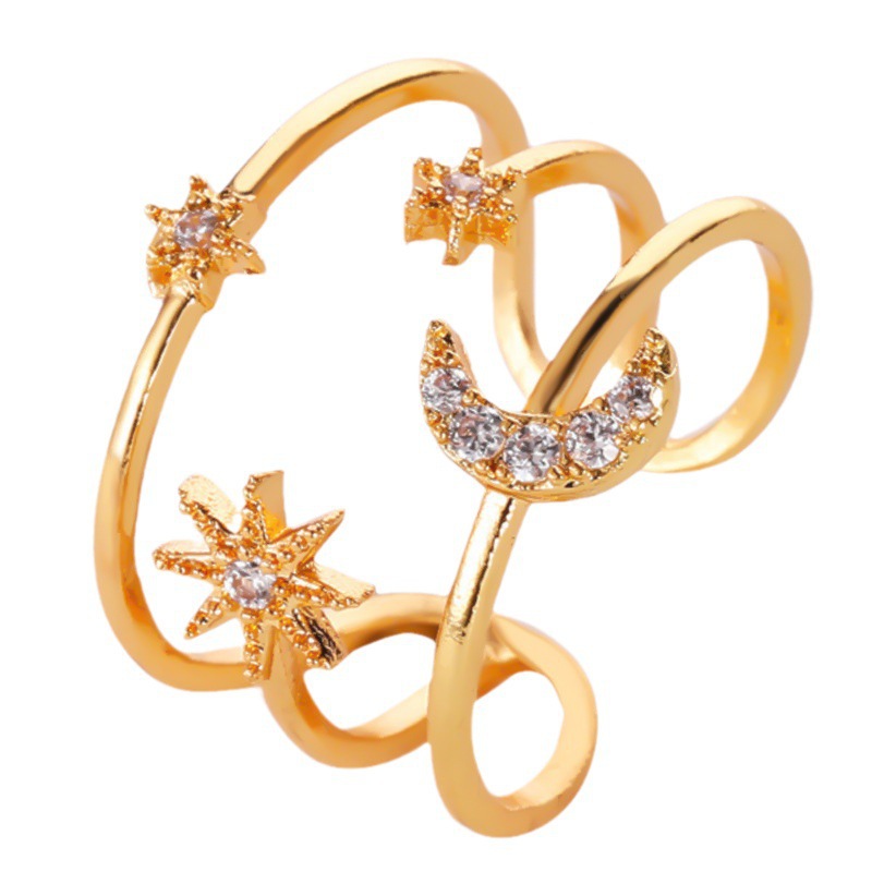 Fashion Women's Ring Three-layer Hollow Star Moon Ring Personality Diamond Five-pointed Star Opening Ring