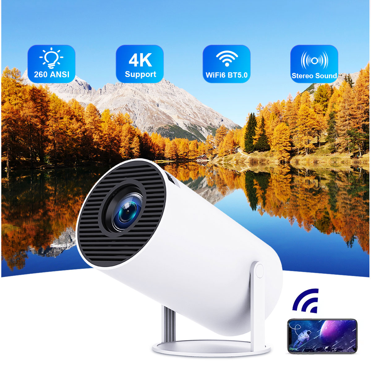 Android 11 4K HY300 Pro Wifi6 Home Theater Outdoor Portable Mini Projector 260 ANSI Lumens BT5.0 1280*720P LED