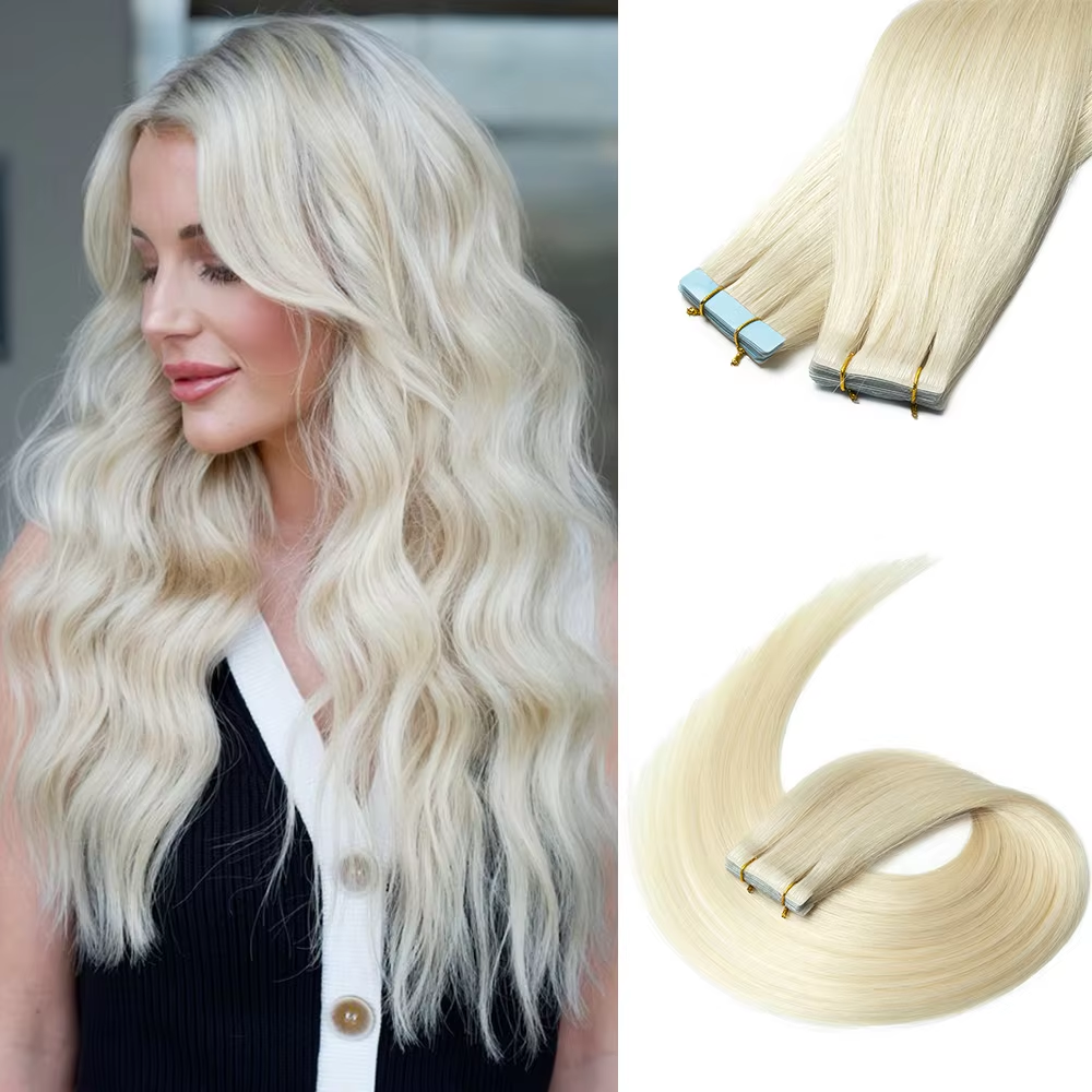 Natural Blonde #60 Invisible Tape In Hair Extensions Human Hair Platinum Blonde PU Weft Tape Ins Human Hair Extensions 20pcs/Pack