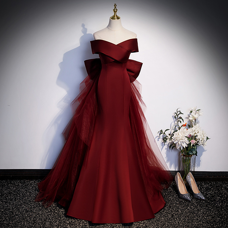 Women's Clothing Burgundy Fishtail Evening Dress Female Bel Canto Solo Vocal Music Art Exam Toast Annual Meeting Host One Shoulder Light Wedding Dress