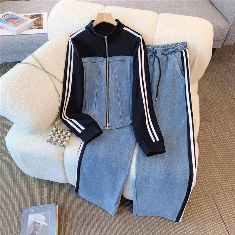 Women's Clothing contrast color stand collar zipper two piece top wide leg pants sports advanced slim two piece suit