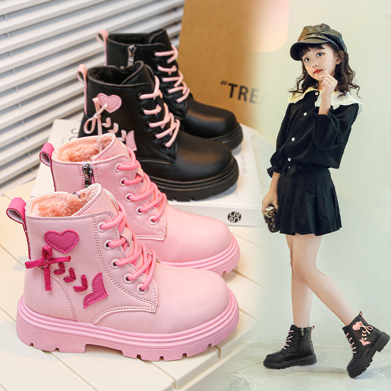 Kids Shoes Girls' Martin boots children's warm plus velvet short boots new style girls' single boots fashion princess leather boots trend