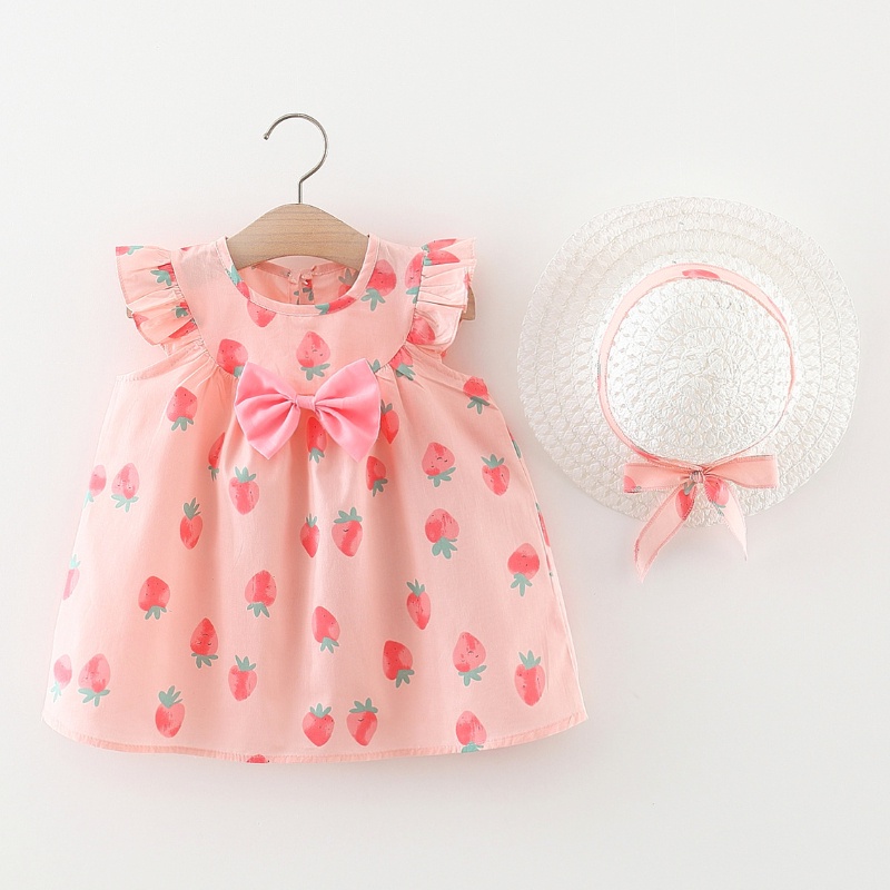 Baby Dress Baby Girl Princess Dress Comfortable Strawberry Printed Dress Newborn Baby Clothing with Hat Suit