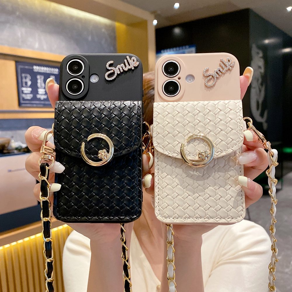 Luxury Woven Pattern Wallet Card Holder Phone Case for iPhone 16 11 12 13 14 15 Pro Max Card Bag Crossbody Strap Lanyard Cover