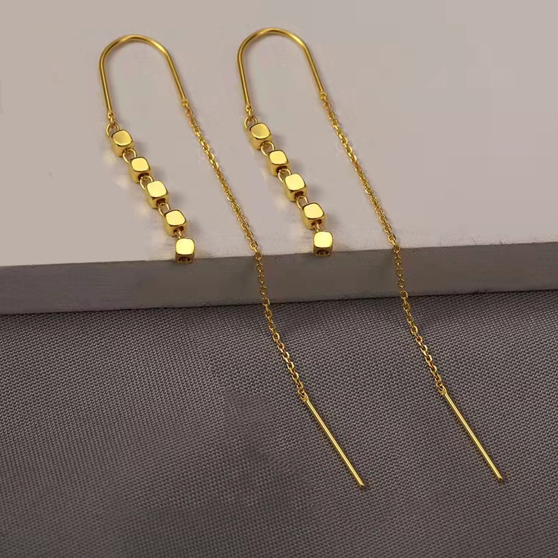 Vietnam gold small square ear line long geometric earrings brass gold plated women's elegant ear hook ear line gift
