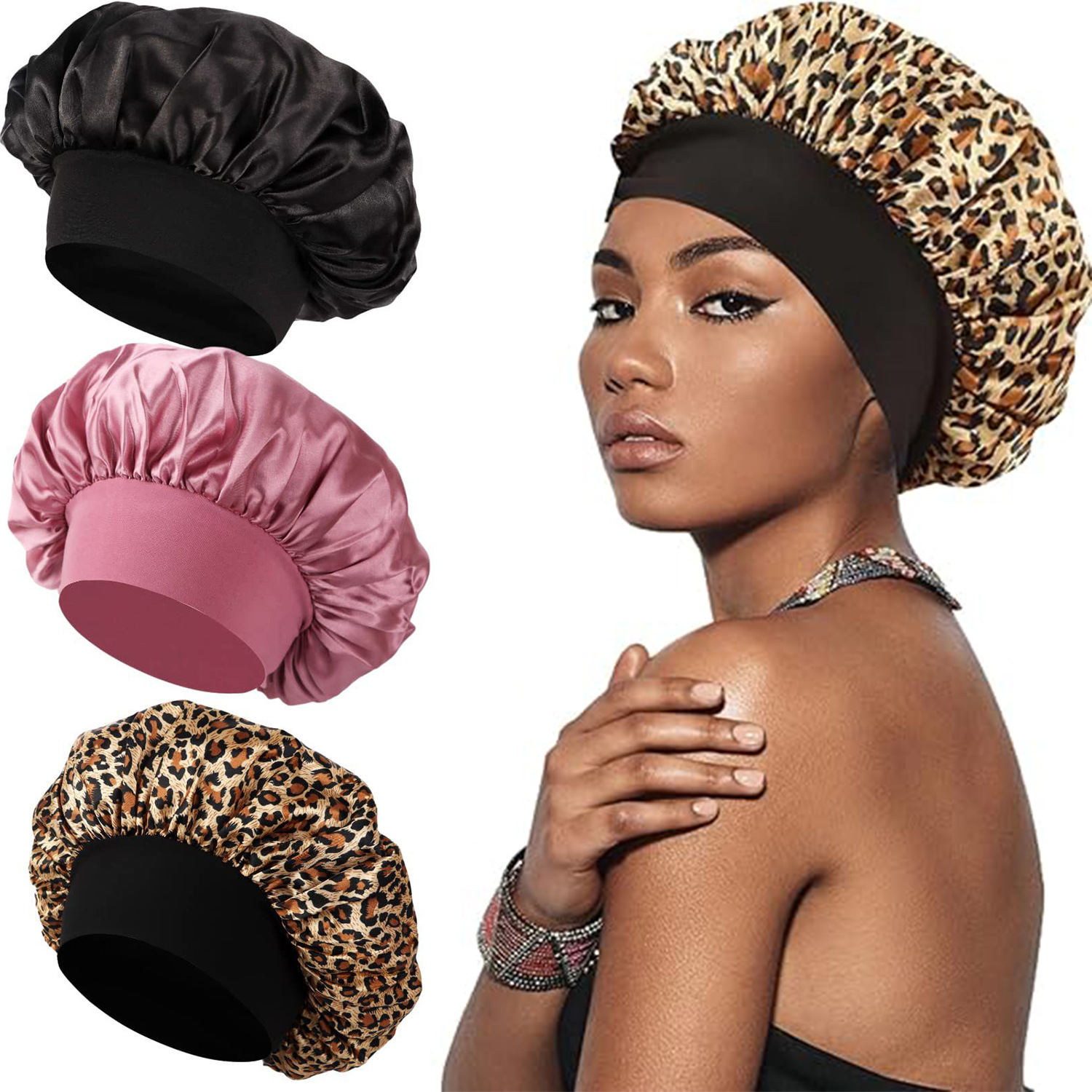 Autumn and winter leopard print sleeping cap wide brim satin hat hair care cap washing hat shower cap hair bonnet