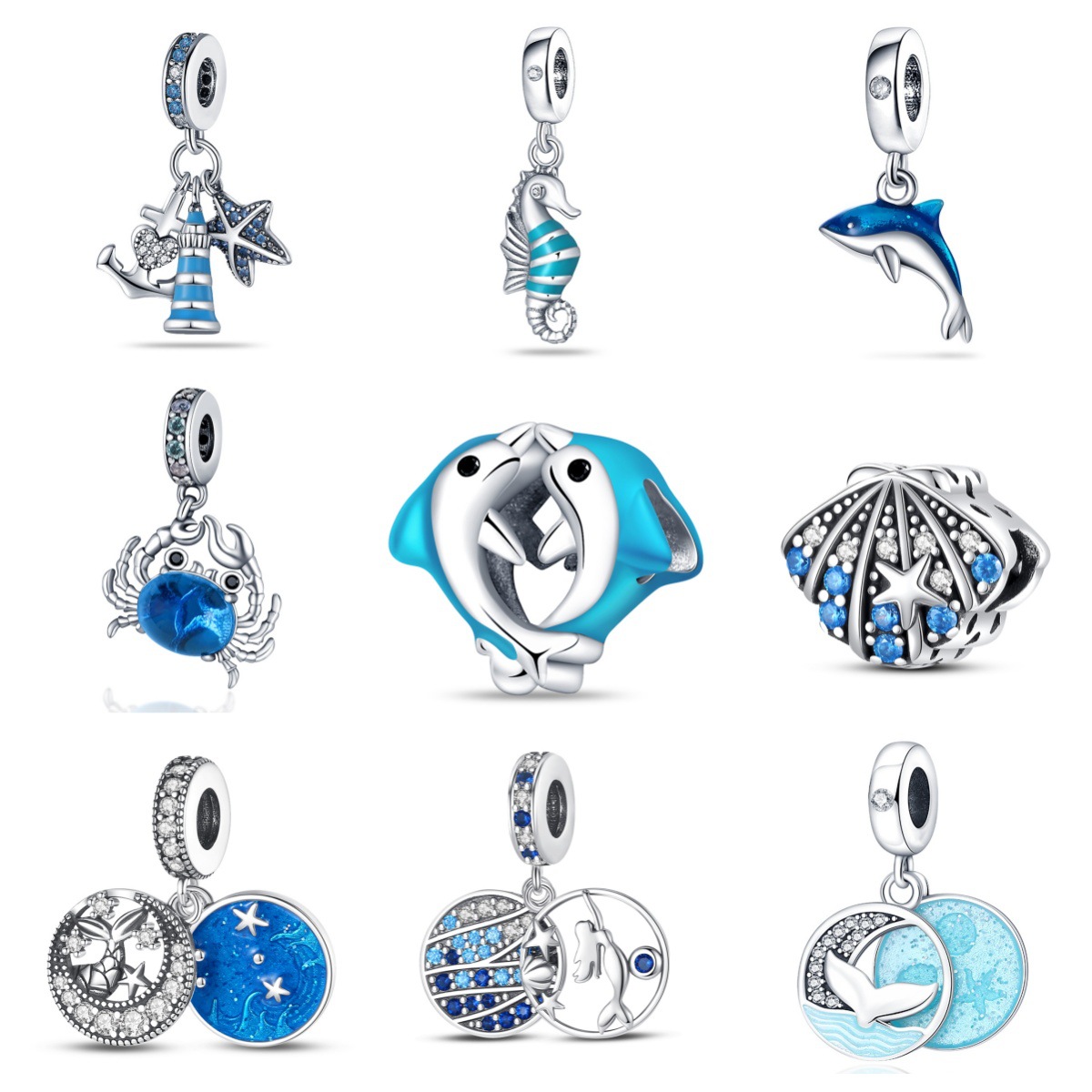 Women's Jewelry Ocean Blue Wind Dolphin Seahorse Pendant Beads White Copper Plated 925 Silver DIY Jewelry Accessories