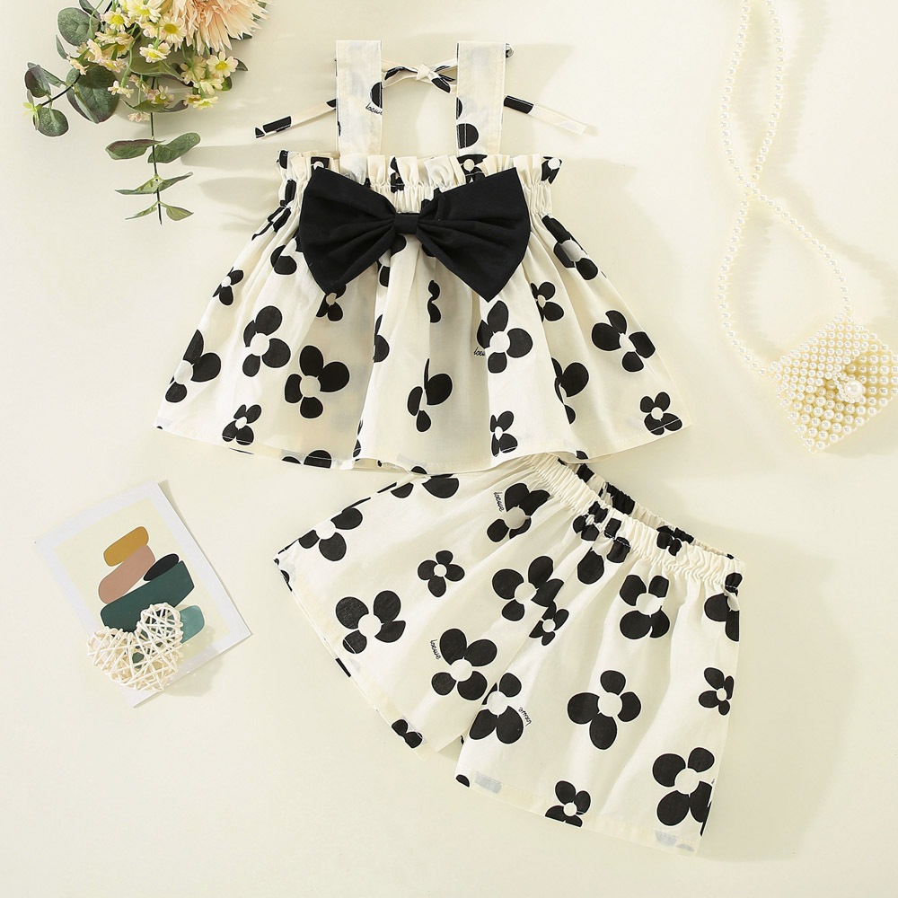 Baby Girl Set 2 Pieces Floral Suspender Baby 0-3 years Old Korean Style Bow Breathable Baby Suit