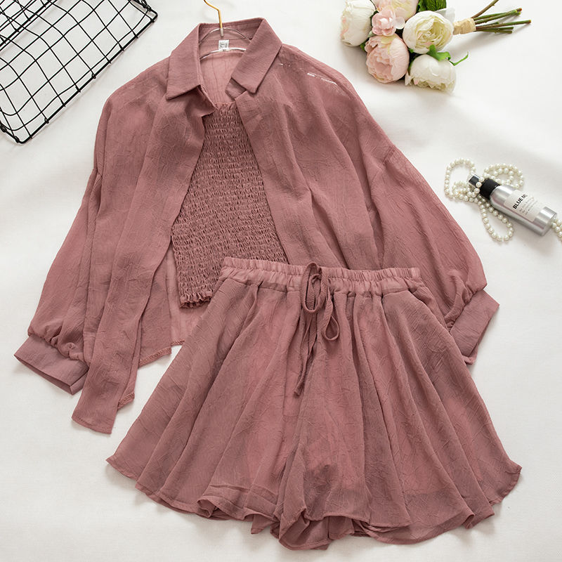 [Cotton Linen] Women's Clothing Piece/suit Fashion Suit Women Spring And Summer Three Piece Suit Suspender Top Sun Protection Top Chiffon Jacket