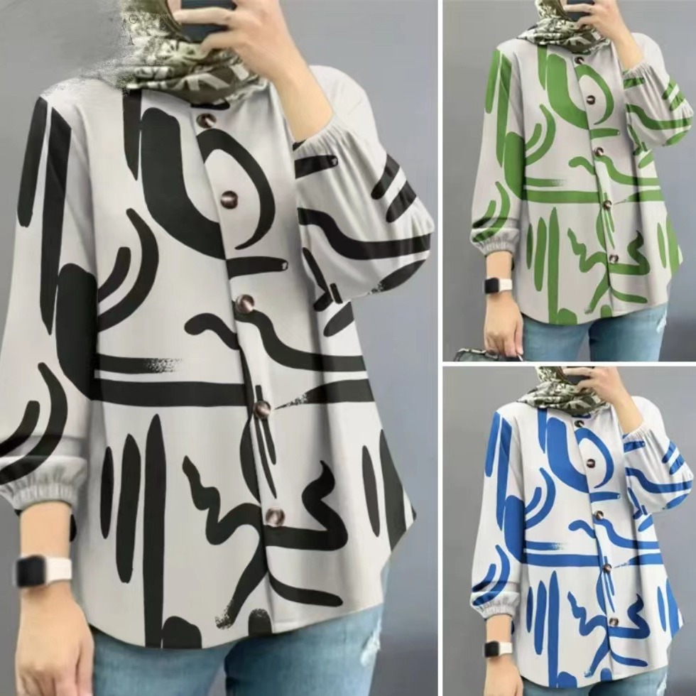 Women's Clothing Women's tops 2023 women's muslim floral shirt robe fashion puff sleeve petticoat bohemian casual wide