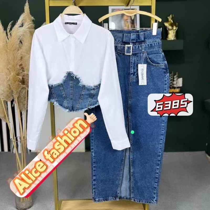 Women's Clothing denim splicing two piece long sleeved shirt denim slit dress two piece suit