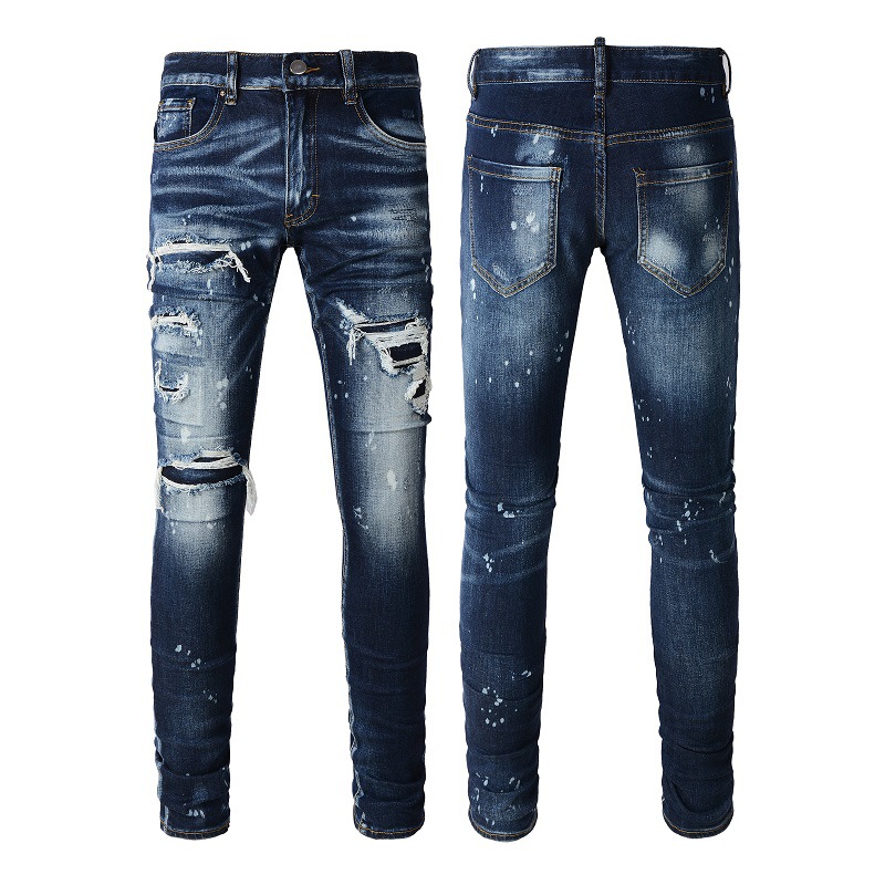 Men's Clothing ripped jeans high street fashion brand ripped patch ink jeans stretch slim fit skinny jeans