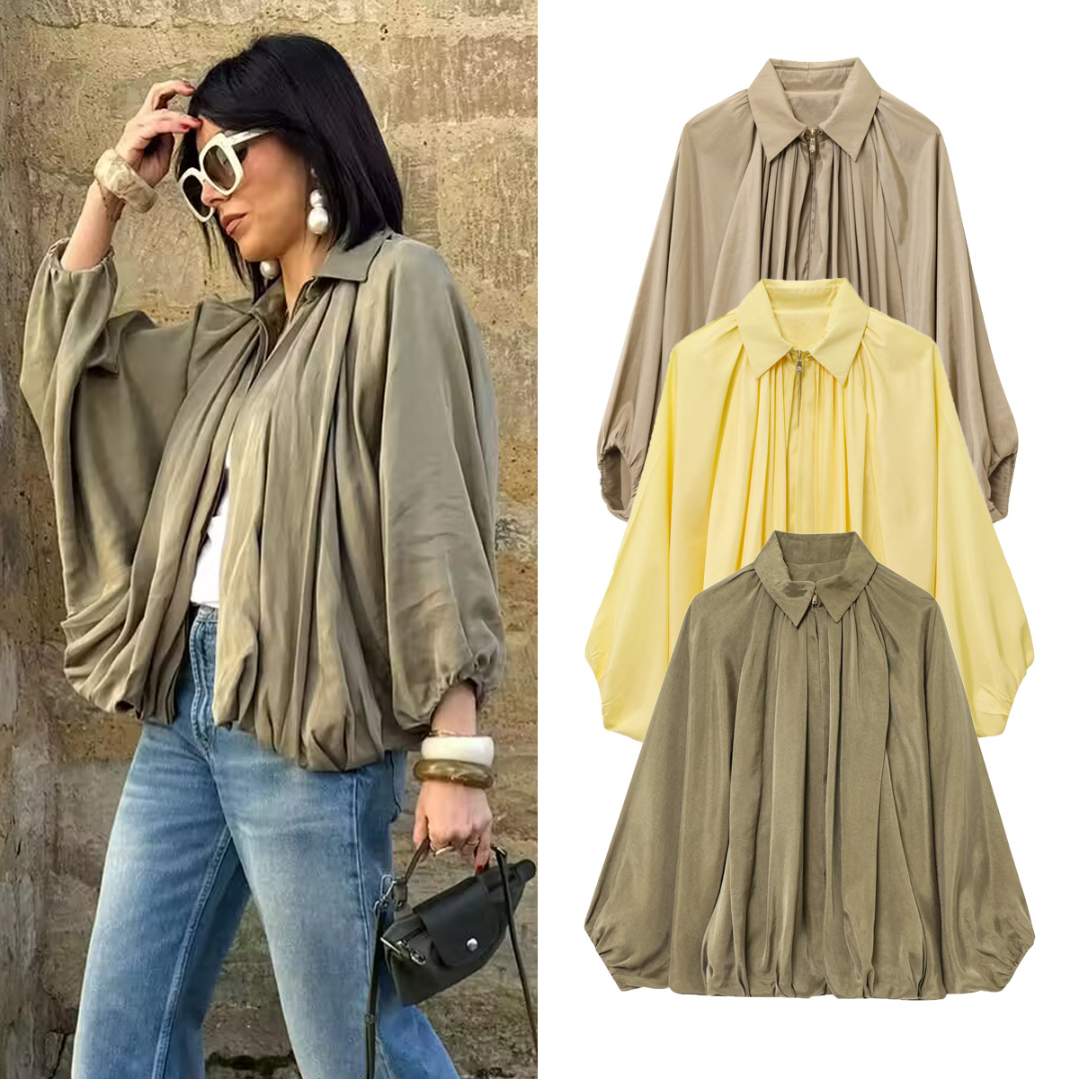 Oversized Puff-Sleeve Bomber Jacket – Streetwear Aviator Coat With Stand Collar (S-L, Army Green/Yellow/Khaki/Olive/Ivory)