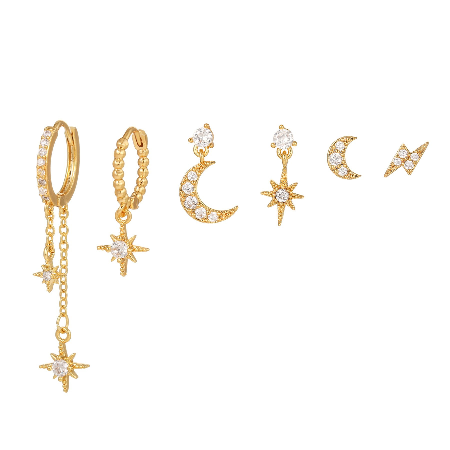 Star and moon chain tassel earrings six pointed star personality fashion zircon earrings set female earrings