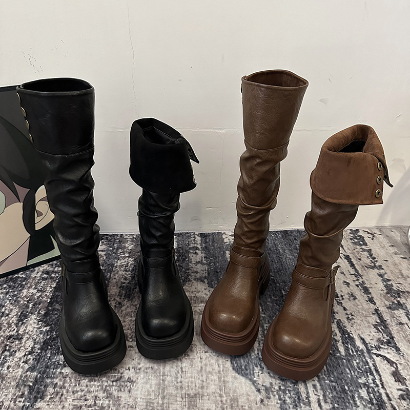 Women's Chunky Heel Knee-High Boots - Classic British Style Combat Boots With Round Toe & Slip-Resistant Sole, Sizes 35-39 High Boots