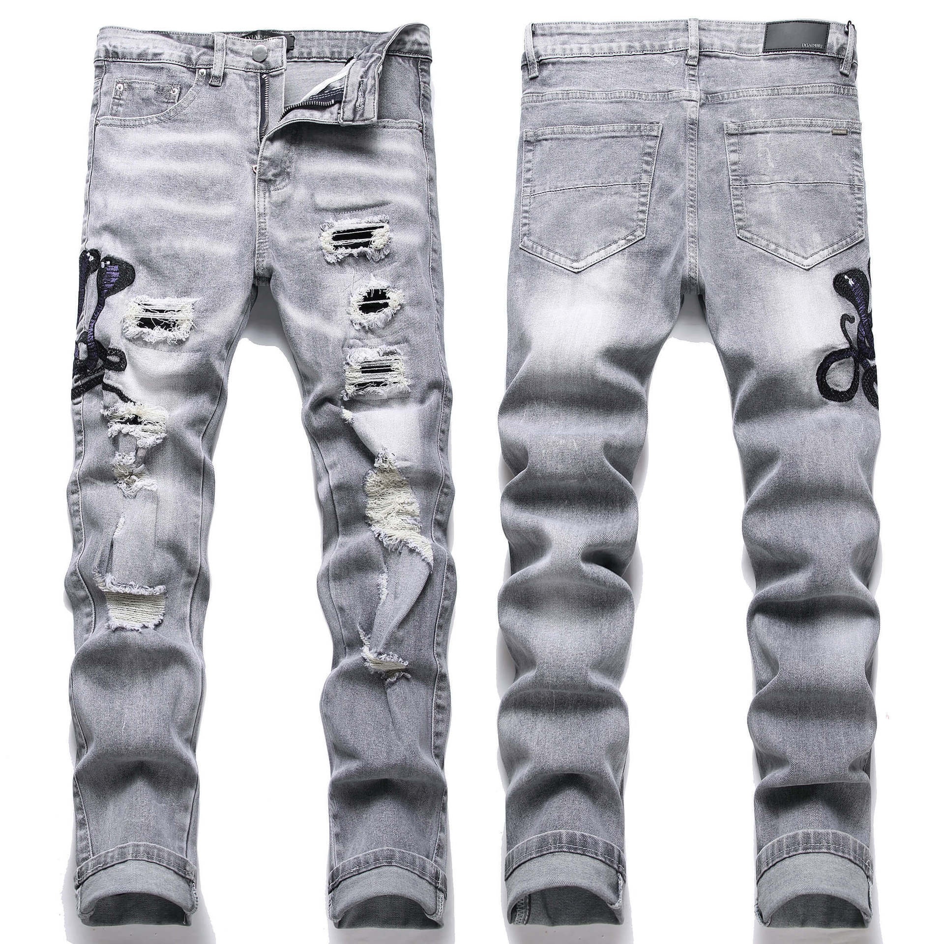 Hue Hue European Style Light Blue Distressed Embroidered Jeans Men's Trendy Stretch Slim Fit American High Street Long Pants