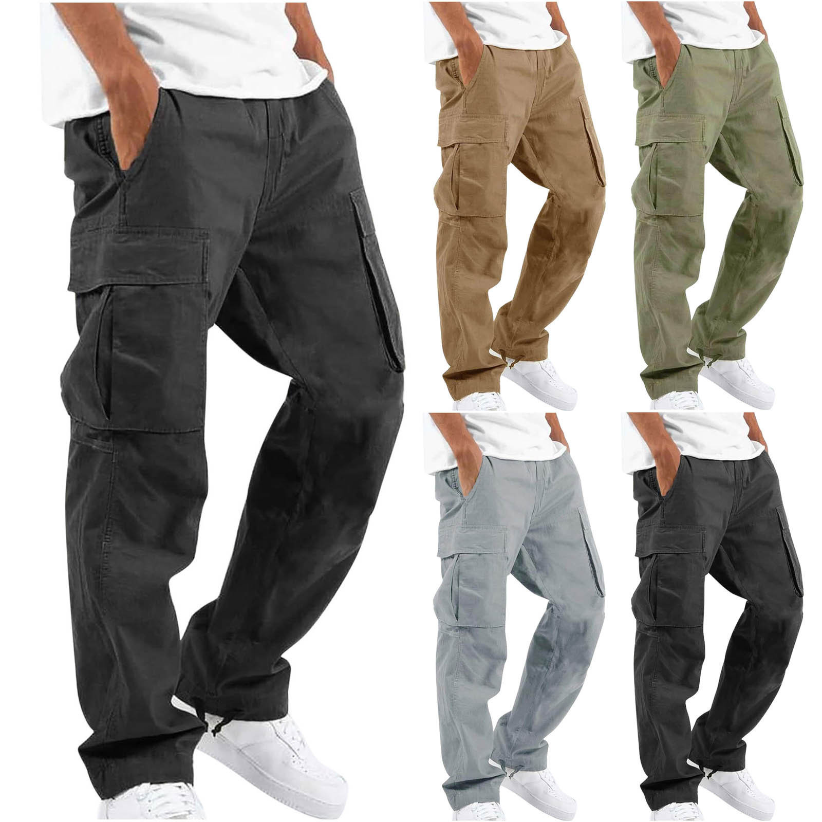 Herrenbekleidung Herren-Cargohose mit Kordelzug in der Taille und mehreren Taschen – lässige Arbeitshose mit geradem Bein in Khaki, Grau, Grün, Marineblau, Hellgrün