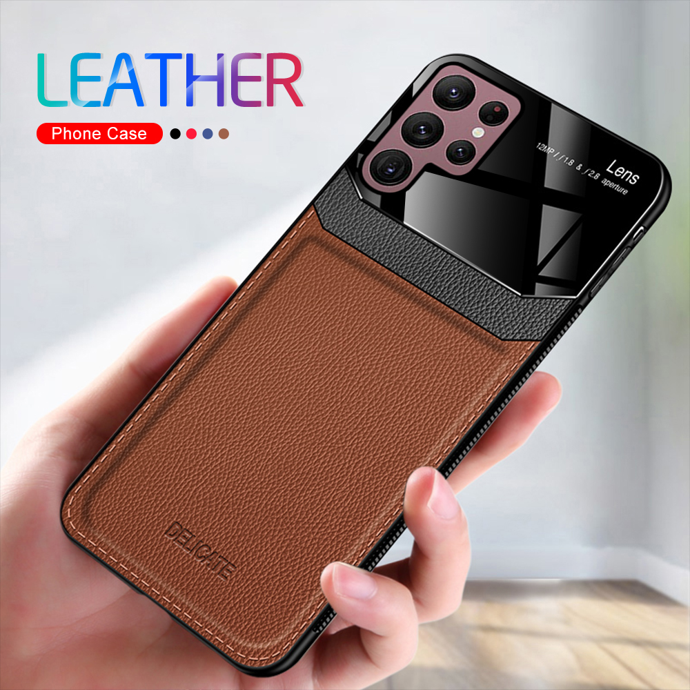 Leather Mirror Glass Phone Cover For Samsung Galaxy S22 Ultra 5G PU Shockproof Phone Back Case For