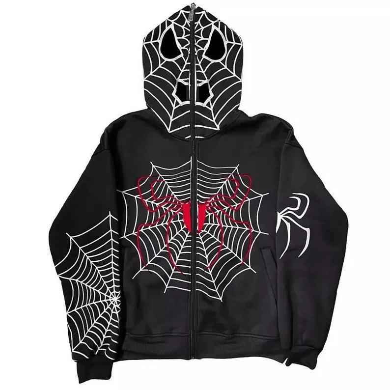 Gothic Spider Print Hoodie - Y2K Streetwear Pullover For Women, Oversized Zip-Up Sweatshirt, Soft Polyester Blend, Edgy Casual Fashion