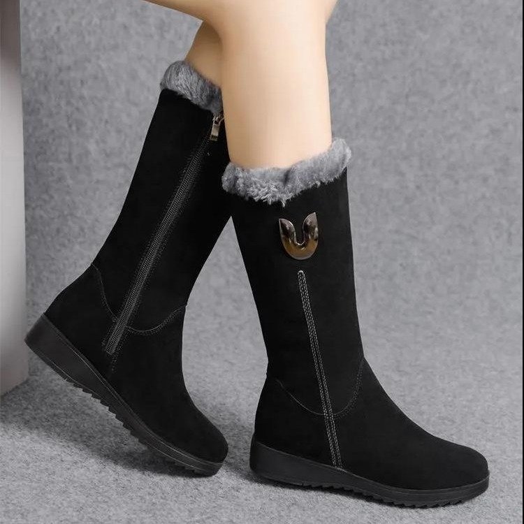 Winter all match snow boots women's shoes plus velvet thickened mid tube Martin boots wedge heel non slip warm side zipper cotton boots