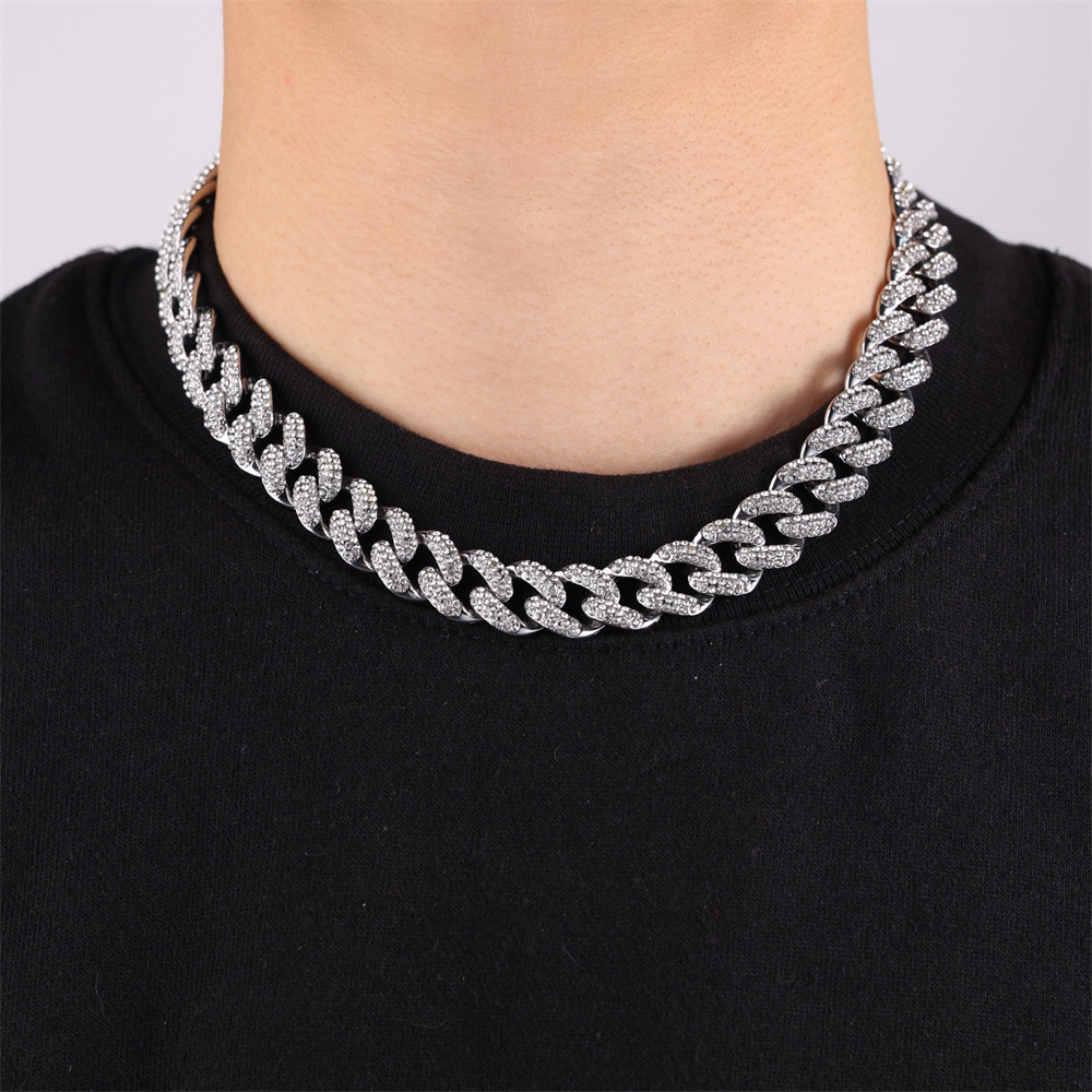 15 mm mit Diamanten, voller Diamanten, hochwertige Legierungshalskette, coole kubanische Hip-Hop-Kette für Herren