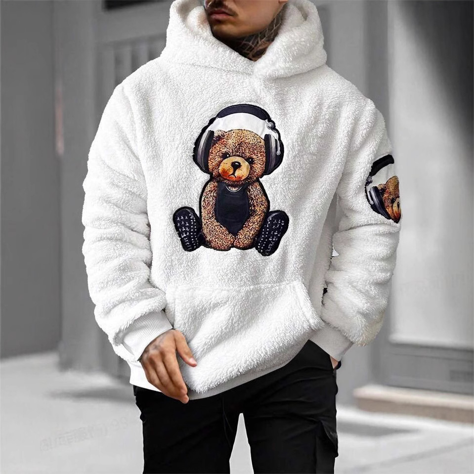 Men's Clothing Hooded Sweatshirt Bear Printed Furry Fashion Brand Jacket