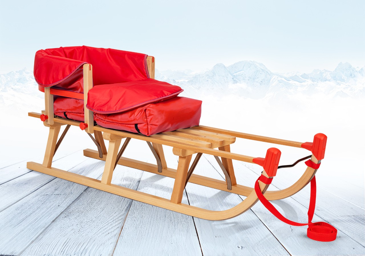 Davos-Schlitten Holz 115 cm, Zuggurt, Lehne, Fußsack Rot''