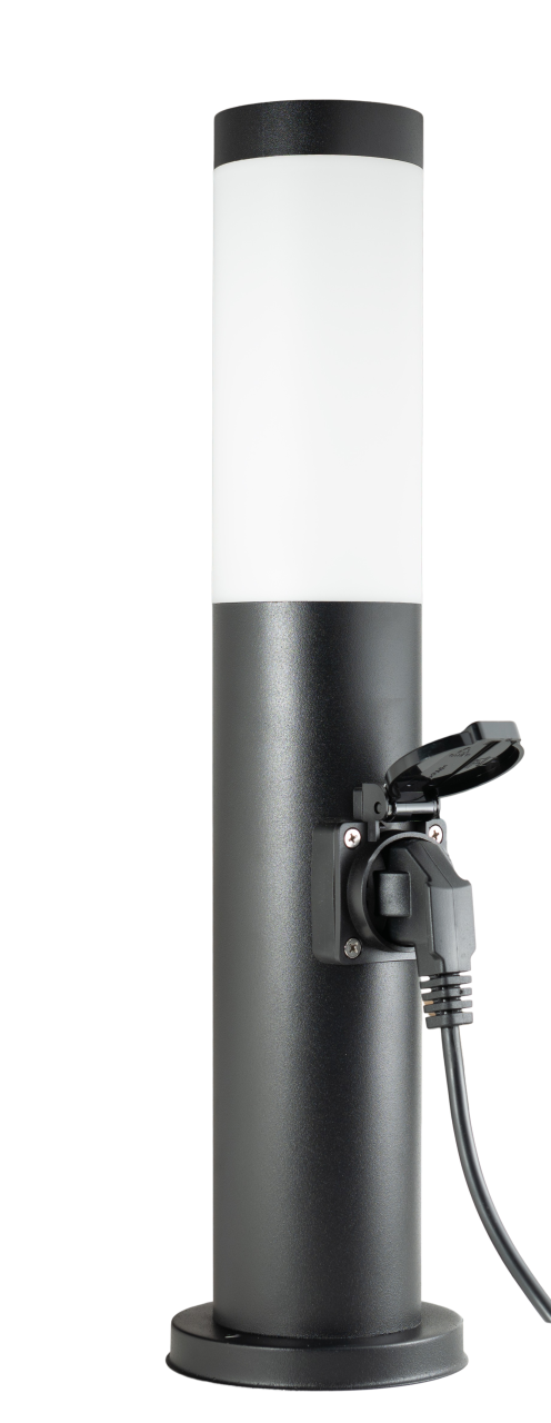 45cm Edelstahl Sockel-Leuchte mit Steckdose - schwarz matt
