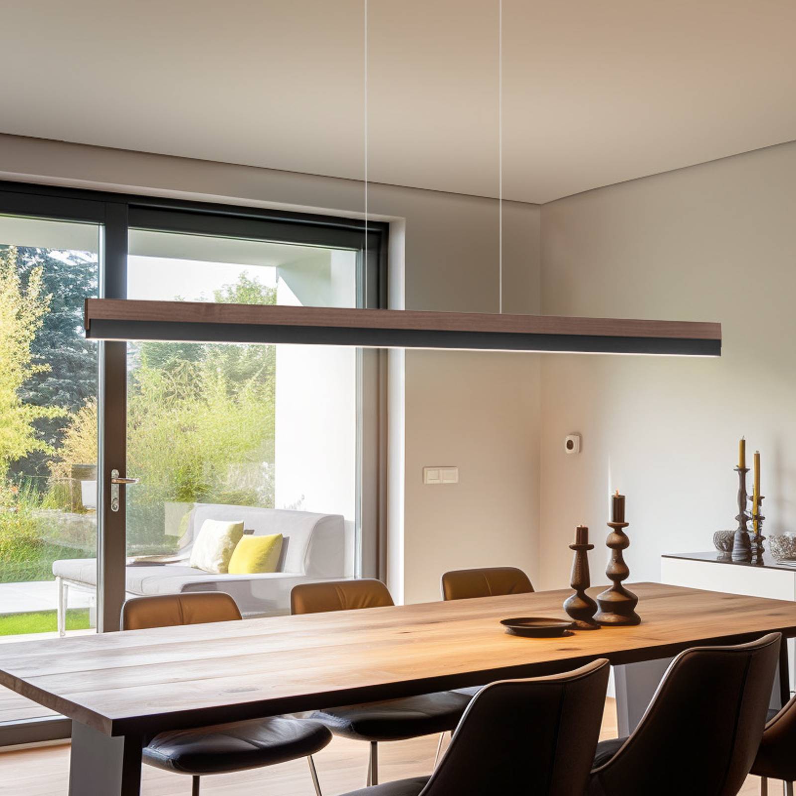 Quitani LED-Hängelampe Keijo, schwarz/nuss, Länge 143 cm