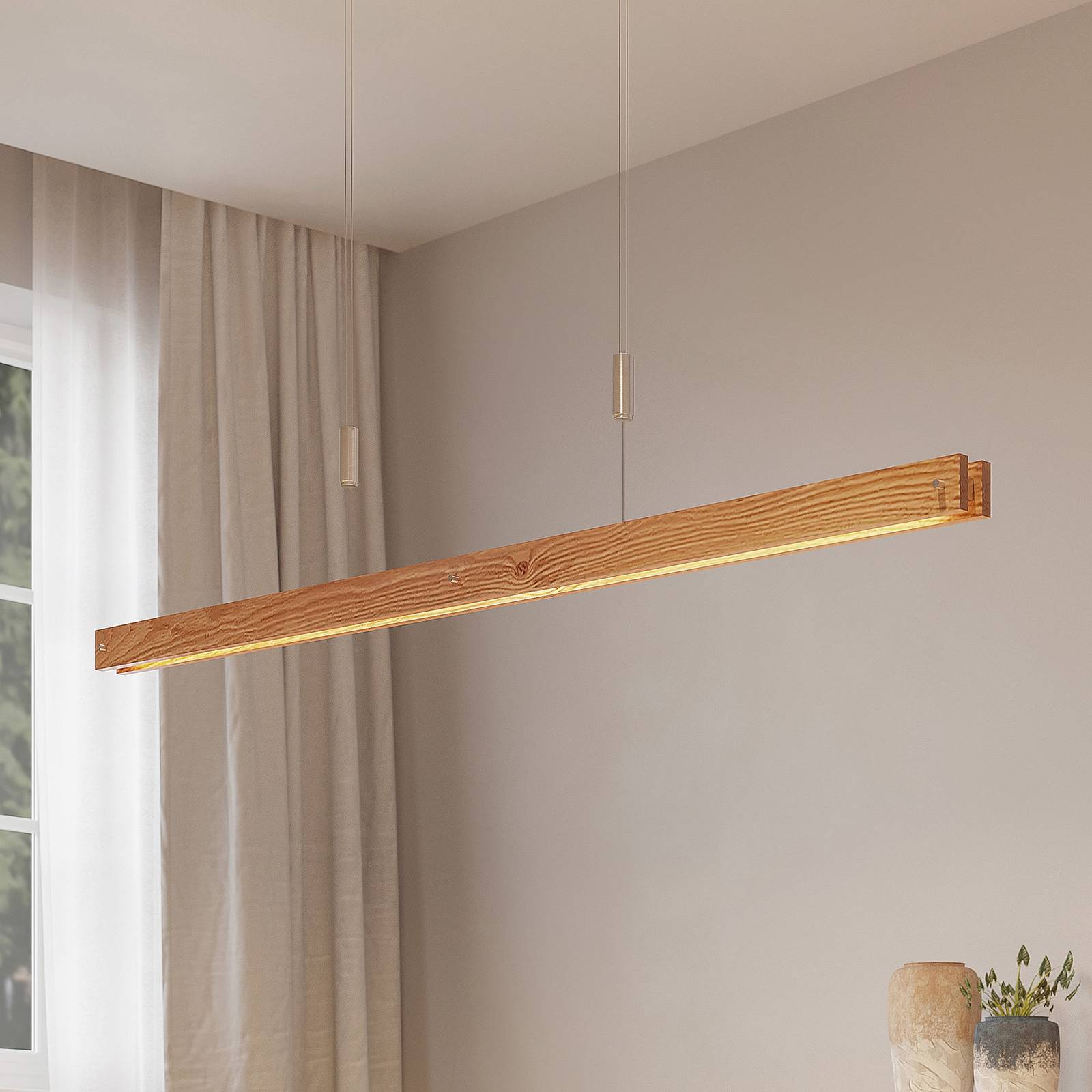 Lindby Alimara LED-Holz-Hängeleuchte, Holz, Länge 138 cm