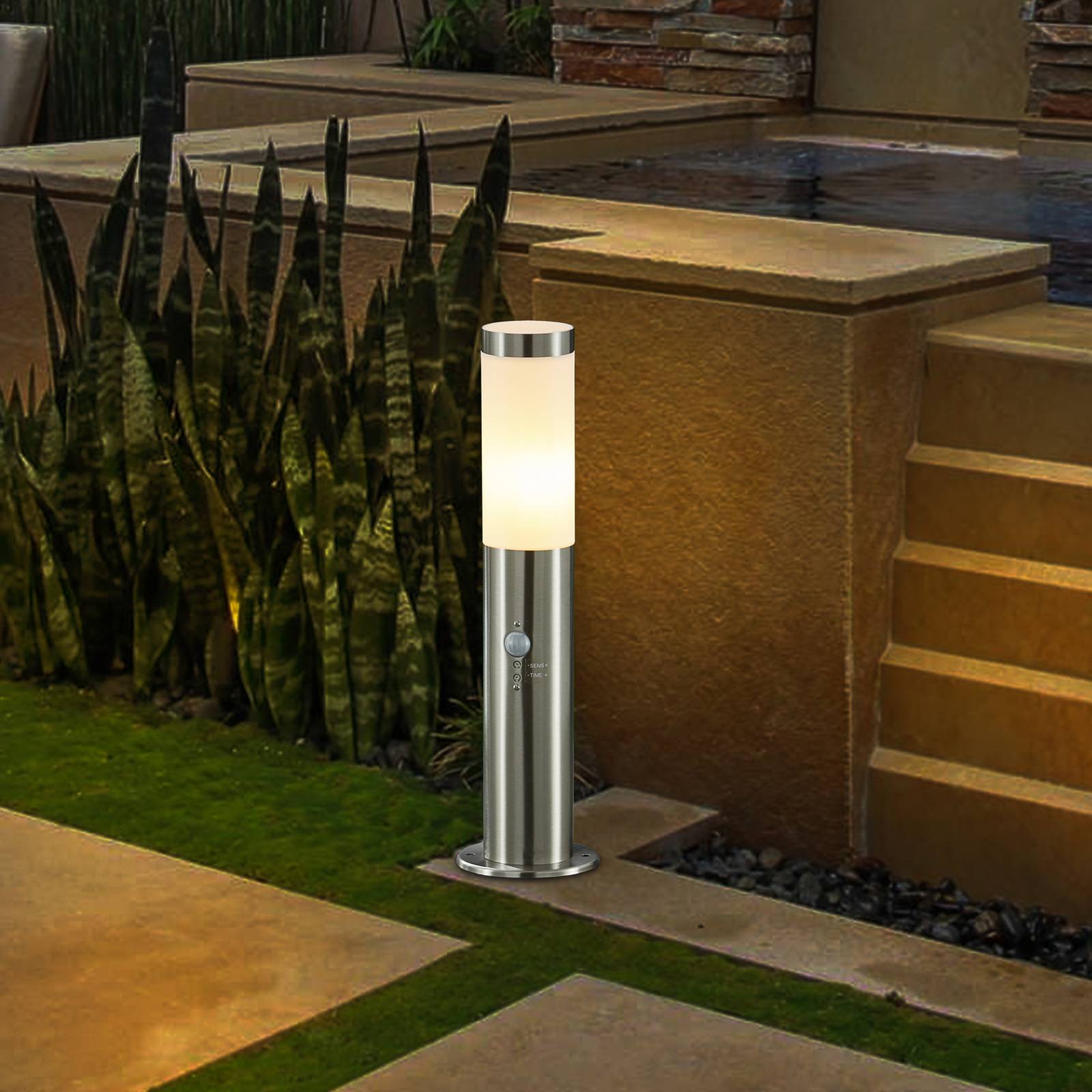 Lindby Sockellampe Statius, grau, Edelstahl, Sensor, 45 cm