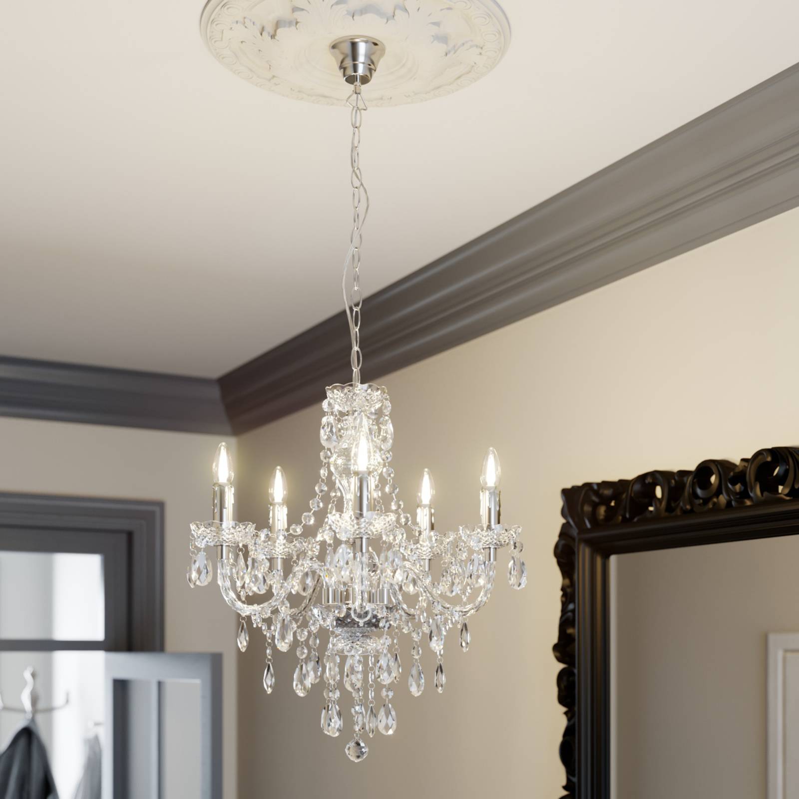 Lindby Kronleuchter Merida, chrom, Metall, 5-flg., Ø 52 cm