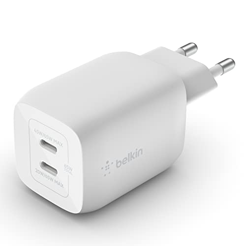 Belkin 65-W-USB-C-Ladegerät mit 2 Ports, Schnellladen mit Power Delivery 3.0 und GaN-Technologie für MacBook Pro, iPhone 17, iPhone Air, iPad, Galaxy S25, Pixel 10, Laptop, usw - Weiß