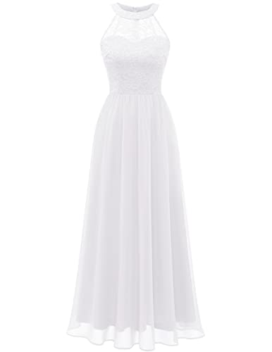 Wedtrend Damen Brautjungfer Kleid Lang Chiffon Abendkleid Party Brautkleid Neckholder Ballkleider Damen Lang Weiß WT0201 White L