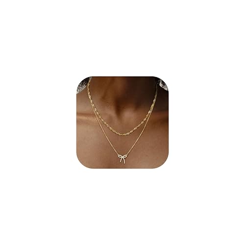 Dochais 2Pcs Schleife Herz Halskette Damen Gold Kette Damen 14 Karat Vergoldet Goldketten Herz Anhänger Kette Verstellbar Gold Nacklace Stapelbare Doppel Layering Halskette Schmuck Frauen Mädchen D