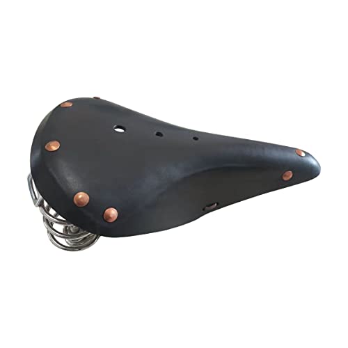 TentHome Retro Sattel Fahrradsattel Classic Line Ledersattel Trekking-/Tourensattel Leder Fahrradsitz mit Federung Schraubenfeder und Messing Nieten Vintage Federsattel Schwarz