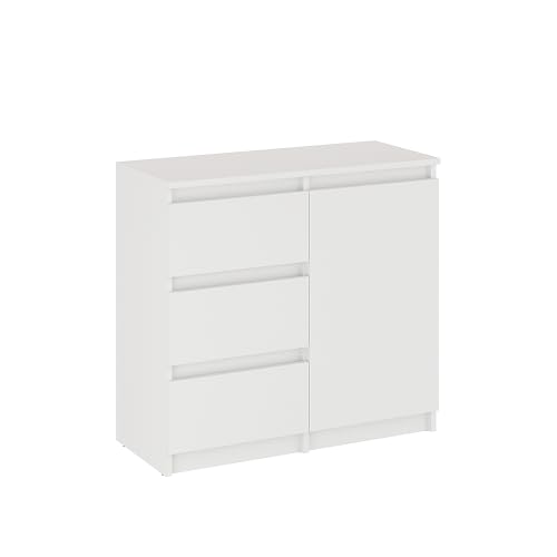 KOMTO Kommode mit 3 Schubladen und Türen – Komodenschrank Weiß für Schlafzimmer, Wohnzimmer oder Flur|Sideboard PIKO 80,4 x 35 x 74,5 cm