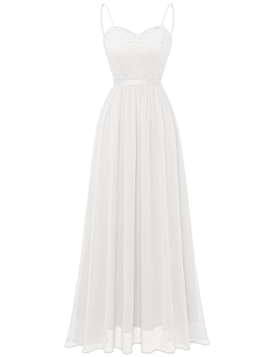 DRESSTELLS Abendkleider Elegant für Hochzeit Festlich Ballkleid Damen Lang Brautkleid Standesamt Weiß Brautjungfernkleider mit Spaghettiträger Jugendweihe Kleider White M