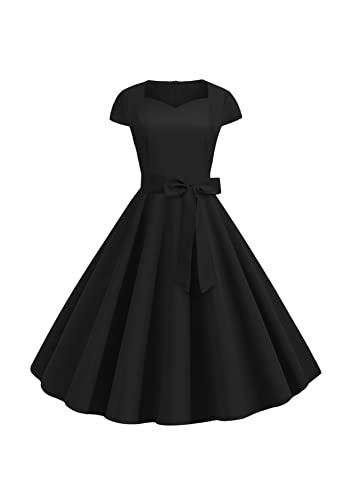 Yming Damen Kappenärmel 1950er Retro Rockabilly Kleid Vintage Cocktail Swing Kleider Mit Gürtel Einfarbig Swing Abschlussballkleid Schwarz L