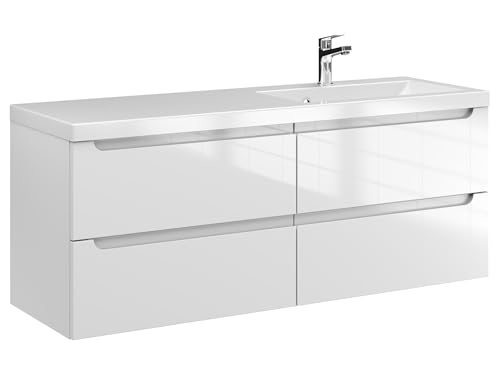 Furni Waschtischunterschrank ETH 120 cm S P – Weiß Hochglanz – Hängender Badschrank mit Mineralguss-Waschbecken – Frezgriffe – Vormontiert