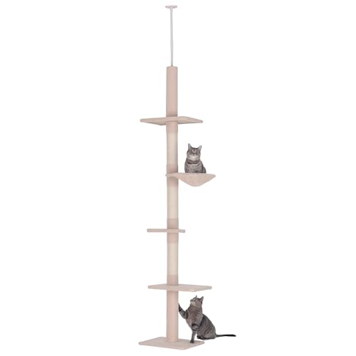 PawHut Kratzbaum deckenhoch Höhe 230-260 cm Katzenbaum mit Sisalstämme, Plattformen mehrstöckiger Katzenkratzbaum Kletterbaum für kleine & große Katzen, Beige